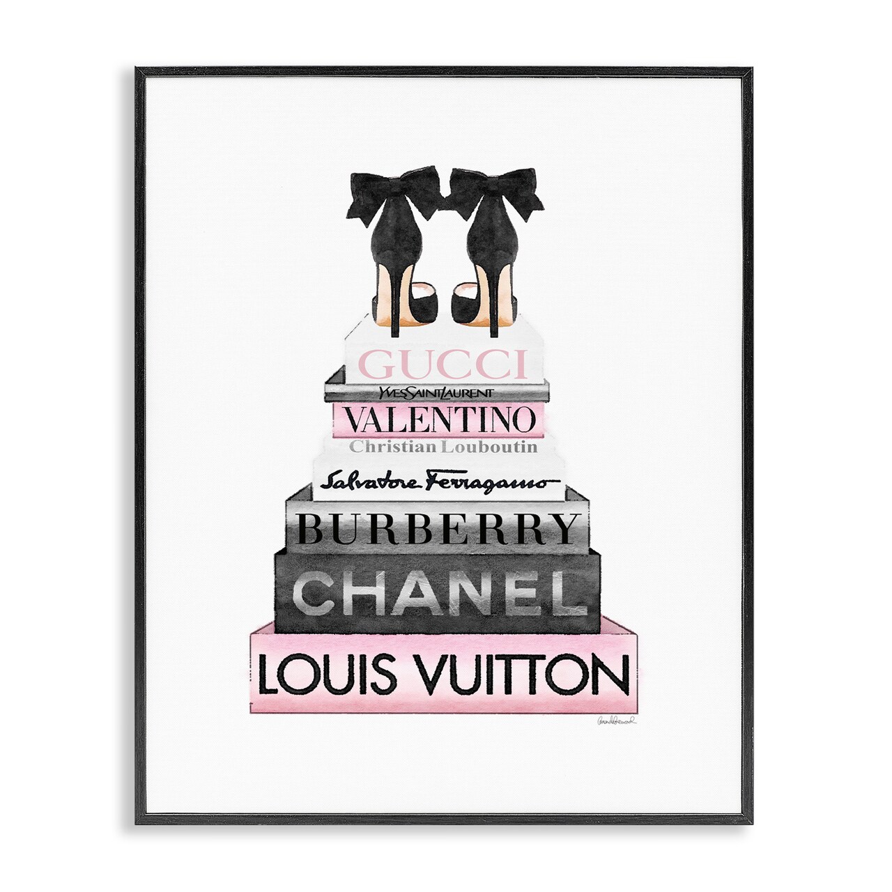 Stupell Industries Black Heels Pink Bookstack Framed Giclee Art